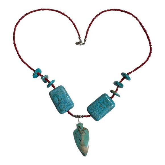 Handcrafted Faux Turquoise & Red Coral Beaded Necklace Arrowhead Pendant 21” - Picture 4 of 6
